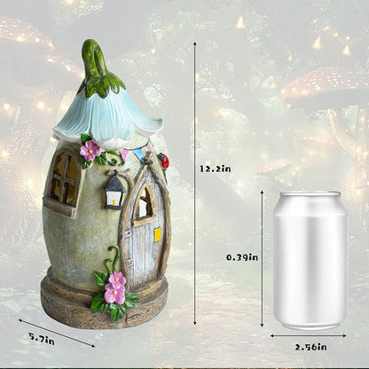 Resin Fairy Cottage Statue with Solar Light Perfect for Garden Decor, Featuring a Charming Morning Glory Vine adorning its Crown. Ideal as a Mother's Day or Birthday Gift, 12.2 inches.