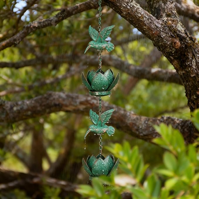 7.9ft Rain Chains for Gutters Outside, Rain Catcher Chain with 6 Metal Lotus Cups & Hummingbird Decor, Adjustable Rain Catcher Chain Replacement Downspout for Gutters,Garden Drainage & Eaves
