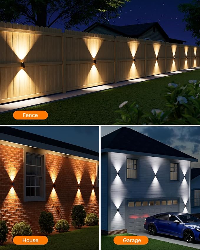 8 Pack Solar Powered Fence Lights Outdoor (Warm/Neutral/Cool White) Waterproof Up and Down Wall Mount LED Decorative Lamp for Outside Patio, House, Backyard, Porch, Deck, Garden with 3 Lighting Modes
