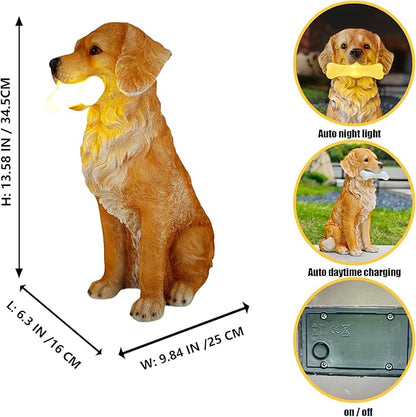 COWOS Solar Dog Statue with Glowing Bone, Golden Retriever Dog Statues for Outdoor Garden Decor, Weatherproof Dog Figurines and Pet Memorial Gift