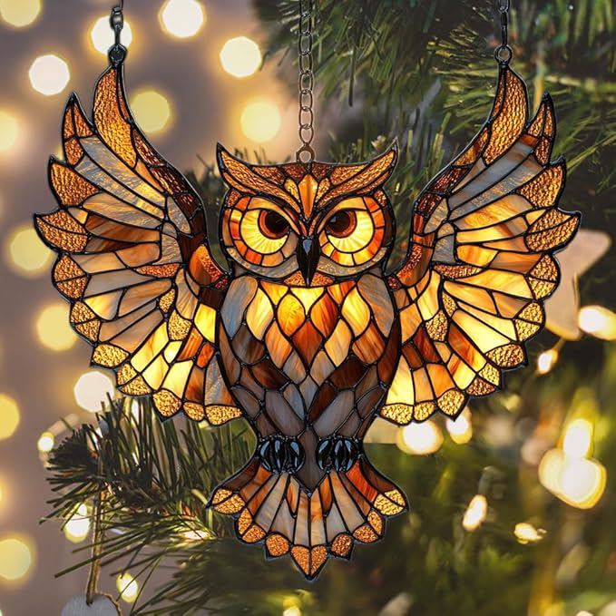 Owl Faux Tiffany Acrylic Suncatcher Stained Glass Effect Window Car Hanging Christmas Ornament Indoor Outdoor Decor Garden Sun Catcher Panel for Owl Lover for Women Mom Grandma