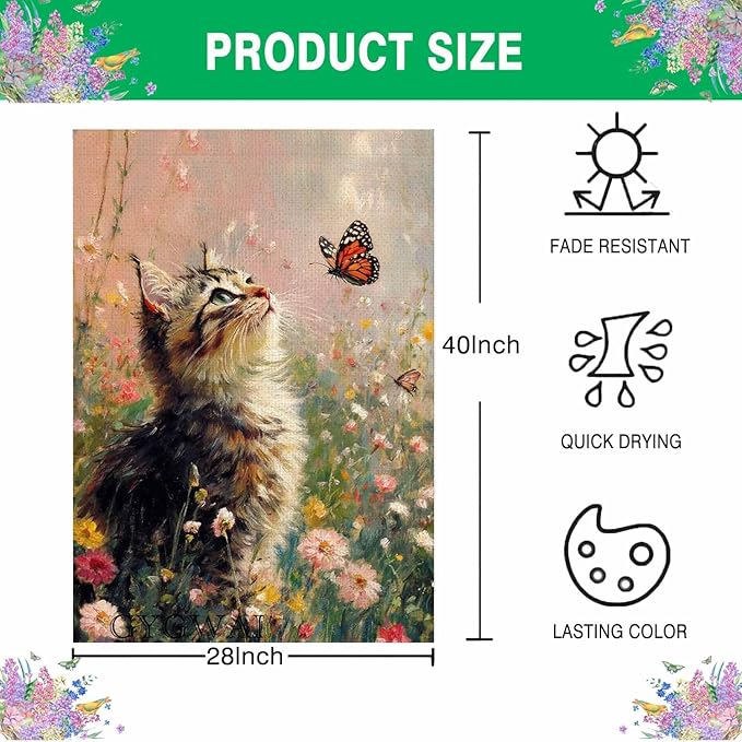 Spring House Flag 28x40 Inch Double Sided, Cat and Butterfly Floral Garden Flags Large Burlap Outdoor Yard Flag for Farmhouse Holiday Outside Decorations