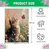 Spring House Flag 28x40 Inch Double Sided, Cat and Butterfly Floral Garden Flags Large Burlap Outdoor Yard Flag for Farmhouse Holiday Outside Decorations