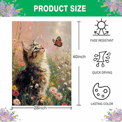 Spring House Flag 28x40 Inch Double Sided, Cat and Butterfly Floral Garden Flags Large Burlap Outdoor Yard Flag for Farmhouse Holiday Outside Decorations
