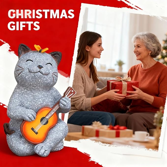 Cat Garden Statue Outdoor Decor, Cat Sculpture with Guitar and Butterfly for Yard Lawn Patio Balcony, Christmas Birthday Housewarming Gifts for Mom, Grandma, Women, 8.8 inch, Resin
