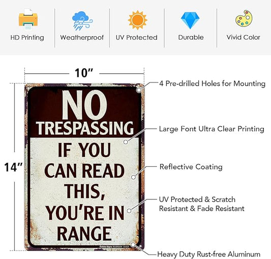 2 Pack No Trespassing Signs - 14x10 Aluminum Vintage Funny Signs for Bars, Man Cave, Yard - Reflective, Fade Resistant