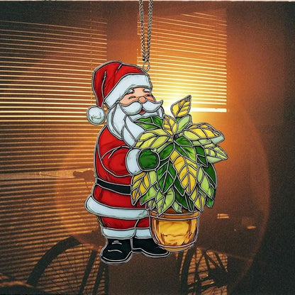 Happy Santa Holding Plant Pot Acrylic Suncatcher Stained Glass Effect Window Car Hanging Christmas Ornament Indoor Outdoor Decor Garden Sun Catcher Panel for Women Mom Grandma