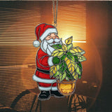 Happy Santa Holding Plant Pot Acrylic Suncatcher Stained Glass Effect Window Car Hanging Christmas Ornament Indoor Outdoor Decor Garden Sun Catcher Panel for Women Mom Grandma