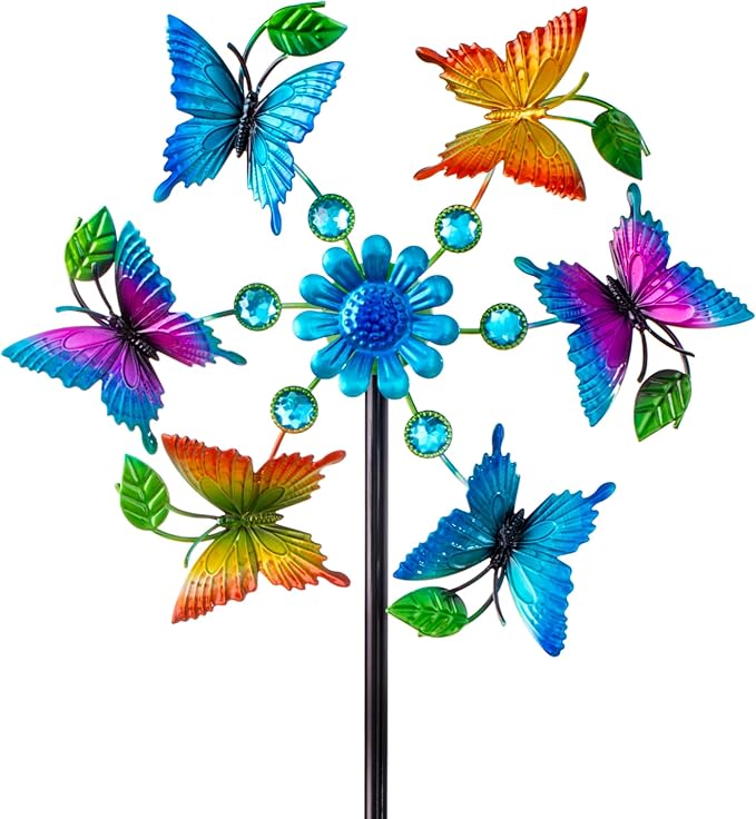44" Colorful Butterfly Garden Wind Spinners - Metal Outdoor Stakes Kinetic Wind Spinner Windmills Decor, Wind Sculpture Yard Art Decorations for Patio, Lawn & Garden