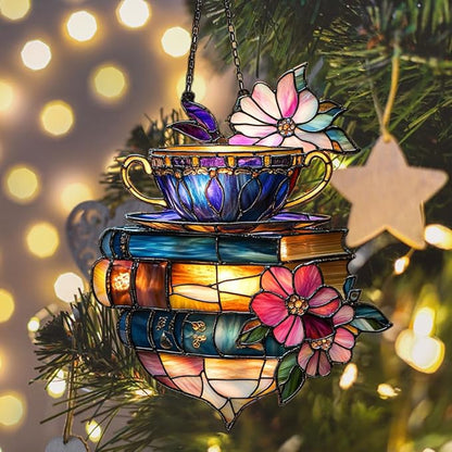 Floral Coffee Cup and Books Acrylic Suncatcher Stained Glass Effect Window Car Hanging Christmas Ornament Indoor Outdoor Decor Garden Sun Catcher Panel for Book Lover for Women Mom Grandma