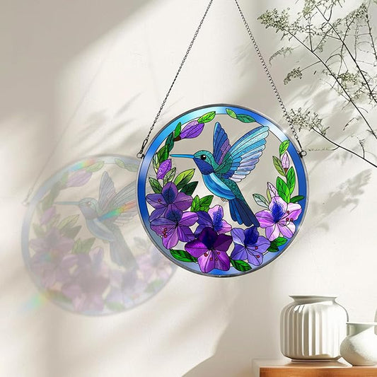Hummingbird Stained Glass Suncather for Window Hanging, 9'' Purple Hummingbird Ornament Gift for Women, Nature-Inspired Wall Art Home Decor Gifts for Mom, Grandma (Purple, 9'')