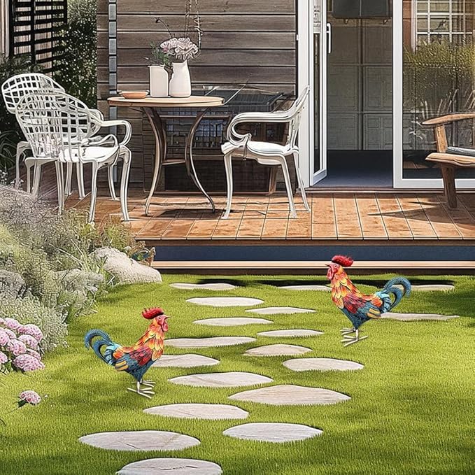 Rooster Garden Statue,12 in 2D Graphic Design Metal Rooster Decor Garden Statue with Stakes,Standing Small Metal Chicken Yard Decor Figurines,Patio Backyard Lawn Home Chicken Sculpture(Not 3D)