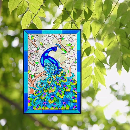 VEWOGARDEN W10 xH15 Peacock Art Glass Suncatcher Hand Painted Stained Glass Window Hangings Panel Decor with Chain