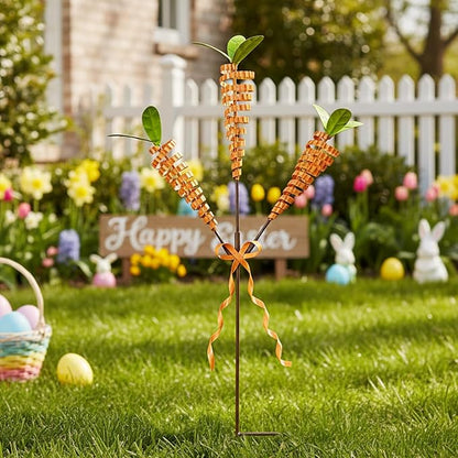 Easter Yard Stakes, 28-Inch 3-Head Carrot Metal Garden Stakes, Rust-Resistant Coiled Iron Wire Outdoor Decor, Spring Easter Decorations Outdoor for Garden, Lawn, Patio, Easter Outdoor Decor
