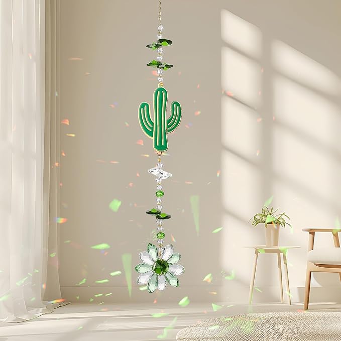 Green Suncatcher, 15.5 Inch Crystal Sun Catcher Windows Hanging, Gift for Spring Home Decor Rainbow Sparkly Pendant