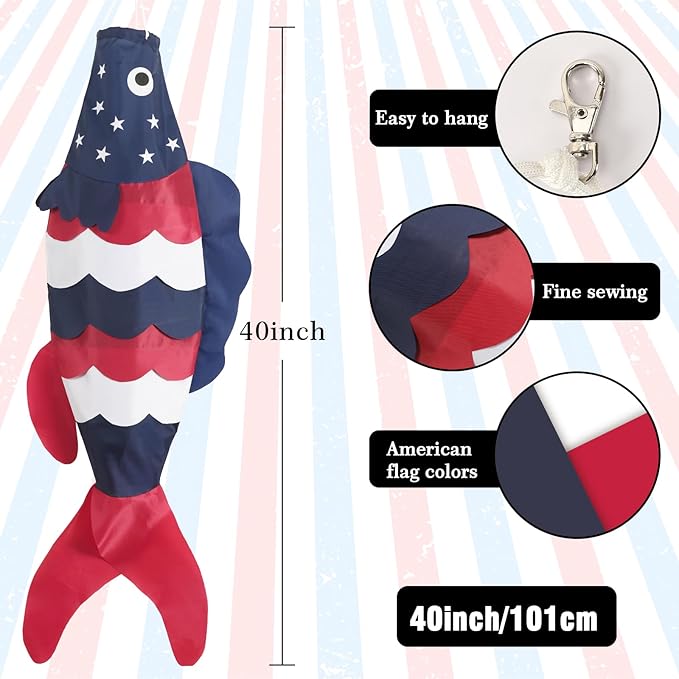 NOVWANG 40 Inch USA American Fish Windsock, Fish Windsock 4th of July Windsock Patriotic Wind Sock Outdoor Hanging Decoration for Garden Yard Balcony Boat Deck Dock Patio Decor