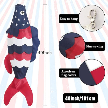 NOVWANG 40 Inch USA American Fish Windsock, Fish Windsock 4th of July Windsock Patriotic Wind Sock Outdoor Hanging Decoration for Garden Yard Balcony Boat Deck Dock Patio Decor