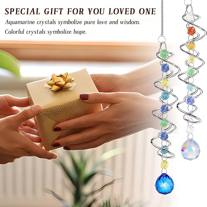 2 Pack Crystal Sun Catcher,Colored Suncatcher for Window Hanging Double Spiral Design,Wind Spinner Gazing Prism Ball Spiral Tail,Rainbow Maker for Yard Garden Indoor Home Outdoor Decor Party Gifts