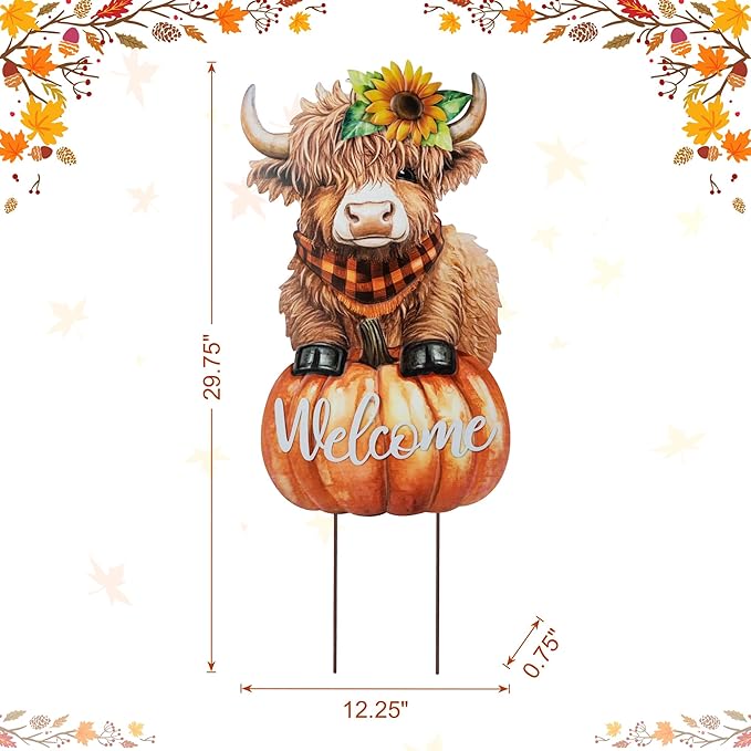 Glitzhome Fall Thanksgiving Yard Stake Decorations for Outdoor, 29.75" H Thanksgiving Metal Highland Cow Yard Stake or Wall Décor, Fall Garden Stakes for Patio Pathway Autumn Harvest Decorations