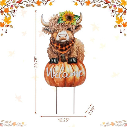 Glitzhome Fall Thanksgiving Yard Stake Decorations for Outdoor, 29.75" H Thanksgiving Metal Highland Cow Yard Stake or Wall Décor, Fall Garden Stakes for Patio Pathway Autumn Harvest Decorations