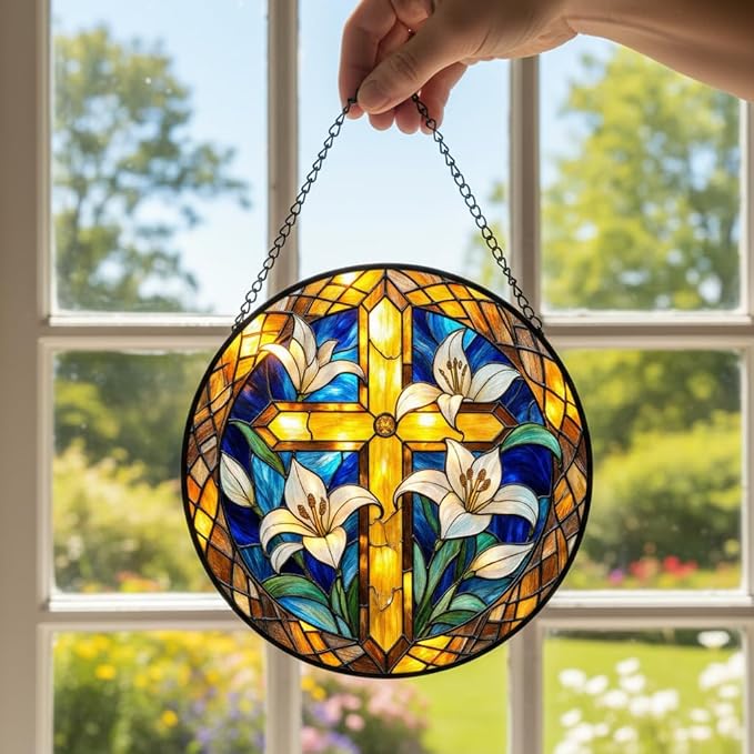 Cross Stained Glass Suncather for Window Hanging with Lily Flowes, 6.3'' Golden Christian Cross Ornament Gift for Women, Religious Wall Art Home Decor Gifts for Mom, Grandma (Golden, 6.3'')