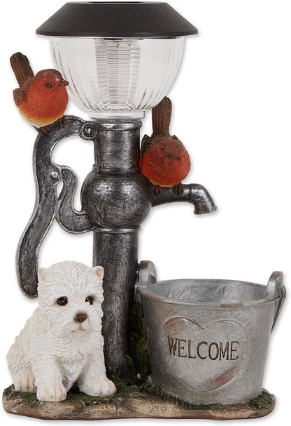 Zingz & Thingz Day & Night Garden Décor Solar Statue Figurine, 8.5x4.5x12.25, Little Pup & Water Pump