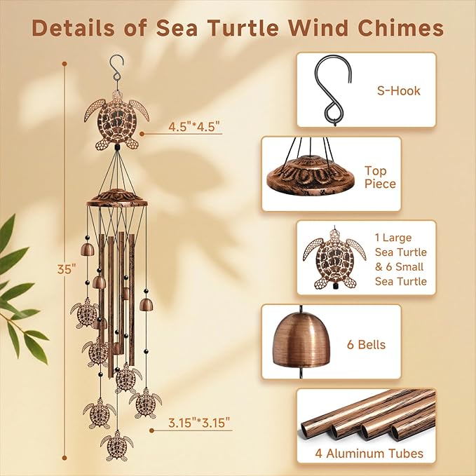 Turtle Wind Chimes for Outside, Sea Turtle Gifts for Women/Men/Mother/Father, Metal Windchimes for Birthday/Christmas/Thanksgiving, Seaturtle Decor for Patio, Garden,Yard, Home
