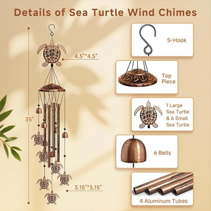 Turtle Wind Chimes for Outside, Sea Turtle Gifts for Women/Men/Mother/Father, Metal Windchimes for Birthday/Christmas/Thanksgiving, Seaturtle Decor for Patio, Garden,Yard, Home