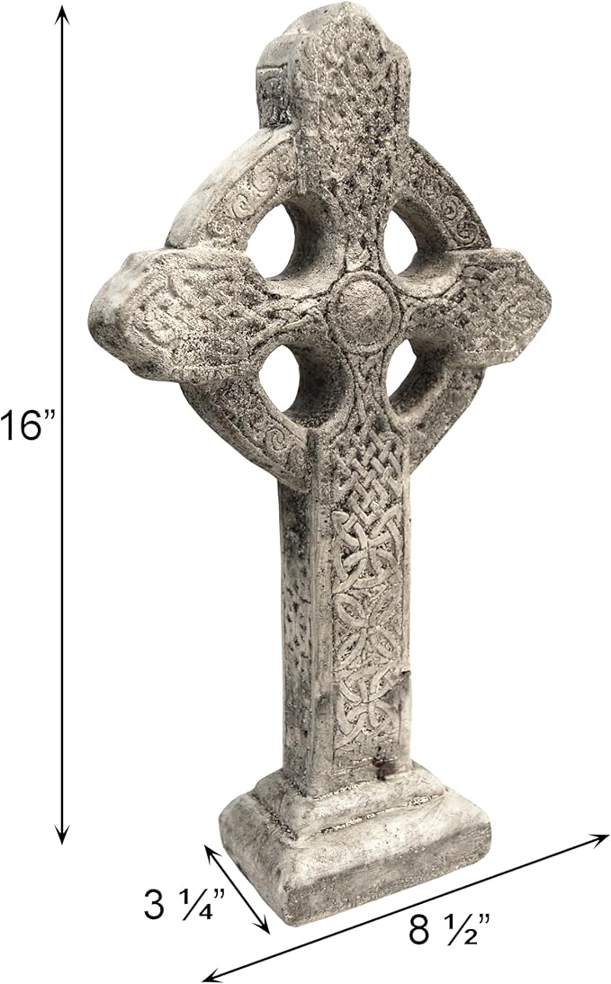BestNest Athens Celtic Cross Garden Statue on Base – Pre-Aged Concrete Outdoor Religious Sculpture with Impressed Celtic Pattern, Gray Faith Garden Decor