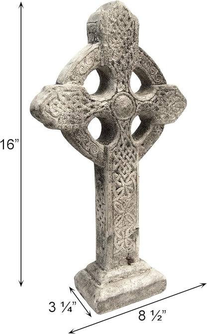 BestNest Athens Celtic Cross Garden Statue on Base – Pre-Aged Concrete Outdoor Religious Sculpture with Impressed Celtic Pattern, Gray Faith Garden Decor