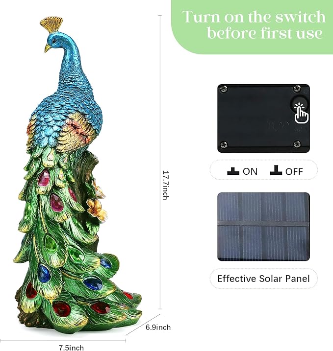 Solar Peacock Statues Garden Outdoor Decor Porch Patio Lawn Yard Art Decorations Peacock Sculpture with LED Lights Birthday Housewarming Christmas Gardening Gifts for Mom Women