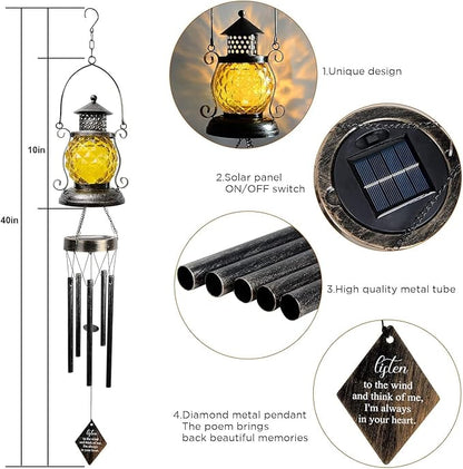 Solar Oil Lamp Wind Chimes for Outside, Hanging Memorial Wind Chimes for Mom Women Grandma, Flower Solar Lantern Windchimes Outdoors for Garden Decor