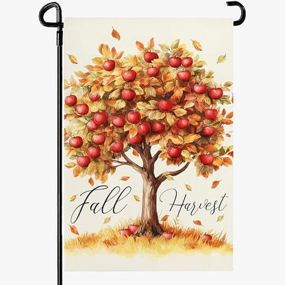 Fall Garden Flag Red Apple Fall Harvest Yard Flag Autumn Tree Maple Leaves Vertical Double Sided Garden Flags Thanksgiving Holiday House Banner Outside Decorations 12x18 Inch