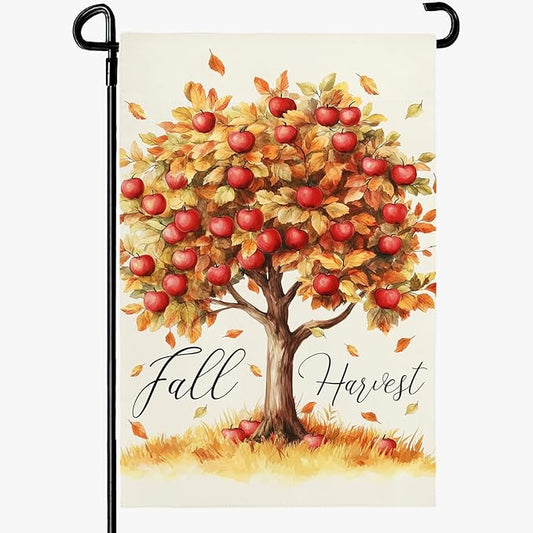 Fall Garden Flag Red Apple Fall Harvest Yard Flag Autumn Tree Maple Leaves Vertical Double Sided Garden Flags Thanksgiving Holiday House Banner Outside Decorations 12x18 Inch