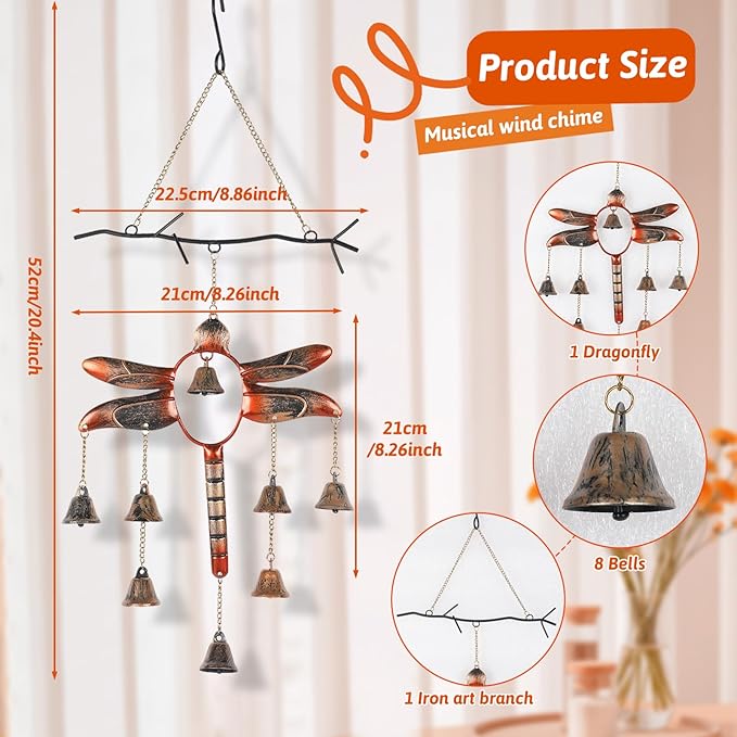 Dragonfly with Bells Wind Chime, Handcrafted Wind Chimes with 8 Bells (Flamed Finish), Outdoor Metal Hook Hanging Decor, Garden Decoration, Gardening Gifts, Decorative Hanging Garden Decor