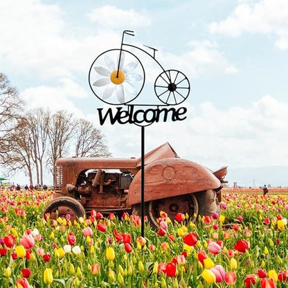 Metal Wind Spinner, 47" Tall Bicycle Wind Sculptures, Daisy Flower Windmill Bike Pinwheel Garden Stake Welcome Sign for Patio Lawn Farm Backyard Decorations