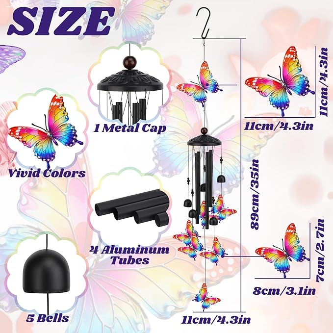 Butterfly Wind Chimes for Outside, Mothers Day Anniversary Housewarming Gifts for Mom Grandma Wife, Spring Decor Gifts for Women Sister Friends, Sympathy Memorial Wind Chime