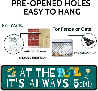 Pool Rules Sign, Indoor/Outdoor Swimming Pool Decorations, 4x16 Inches Aluminum Metal Sign - at The Pool It's Always 5:00