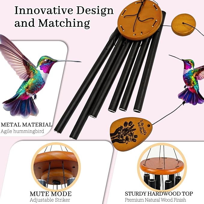 37" Wind Chimes for Outside - Deep Tone Large Wind Chime with 6 Tuned Aluminum Tubes & Wooden Top - Hummingbird Decor, Ideal Sympathy for Mom, Garden