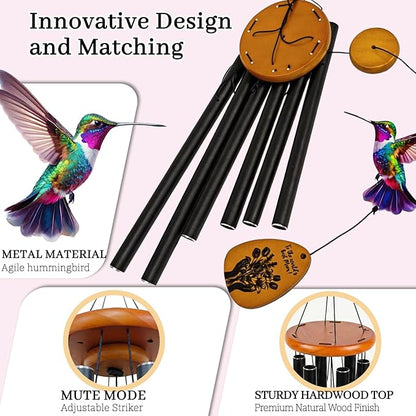 37" Wind Chimes for Outside - Deep Tone Large Wind Chime with 6 Tuned Aluminum Tubes & Wooden Top - Hummingbird Decor, Ideal Sympathy for Mom, Garden