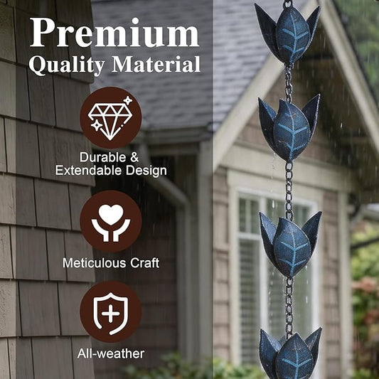 Rain Chain Decoration 8.5 FT., Rain Catcher Chain Gutter Downspout 102'' for House Eaves, Garden & Home, Leaf Shape Rain Chains