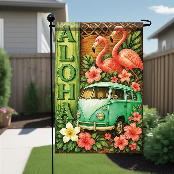 Summer Garden Flag 12x18 Inch Aloha Flamingo Vintage Van Tropical Hibiscus Floral Island Style Outdoor Yard Porch Lawn for Seasonal Coastal Boho Home Decor