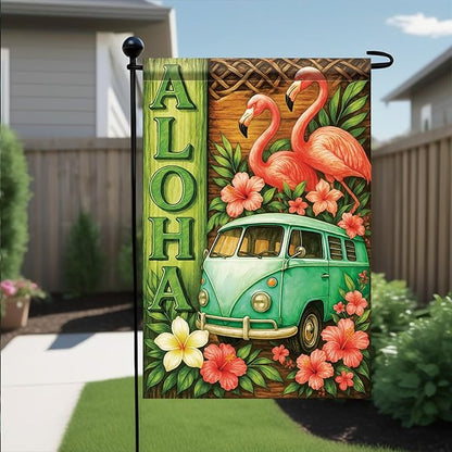 Summer Garden Flag 12x18 Inch Aloha Flamingo Vintage Van Tropical Hibiscus Floral Island Style Outdoor Yard Porch Lawn for Seasonal Coastal Boho Home Decor