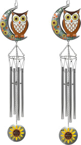 Owl Wind Chimes Set of 2 with Sunflower Welcome Medallion – Enameled Owl Hanging Décor with Stars, Leaves & Moon – Outdoor Garden Patio Porch Decor – 24" Hanging Length Gift for Home
