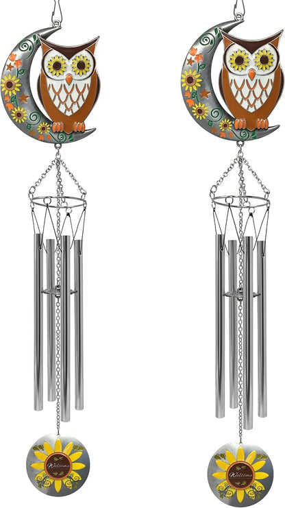 Owl Wind Chimes Set of 2 with Sunflower Welcome Medallion – Enameled Owl Hanging Décor with Stars, Leaves & Moon – Outdoor Garden Patio Porch Decor – 24" Hanging Length Gift for Home