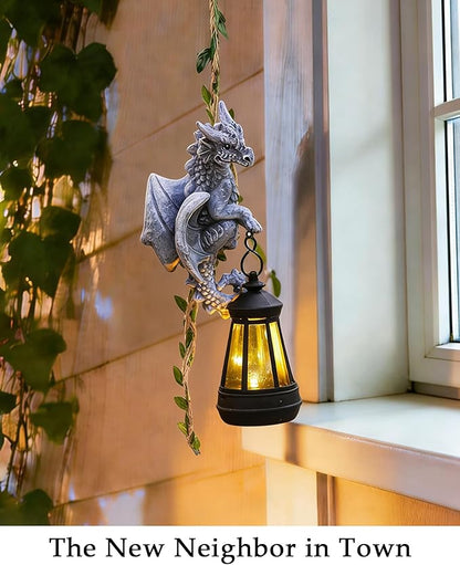 Nacome Dragon Outdoor Statues for Garden: 23.6" Gothic Mythical Guardian Sculpture for with Long Vine and Solar Lantern Enchanted Patio Porch Tree Yard Decor - Whimsical Gift for Mom Children