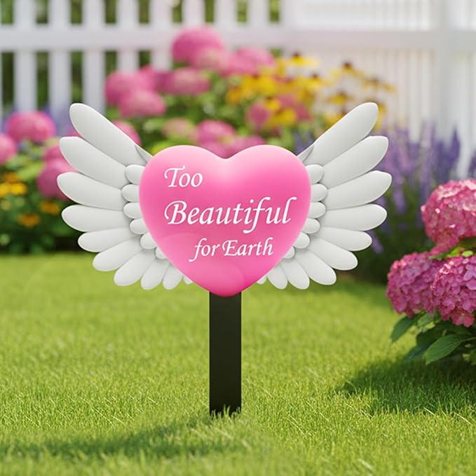 Angel Heart Memorial Grave Stake with Too Beautiful for Earth - Metal Sympathy Grave Marker, Rust-Resistant Outdoor Cemetery Decoration(Heart Angel)