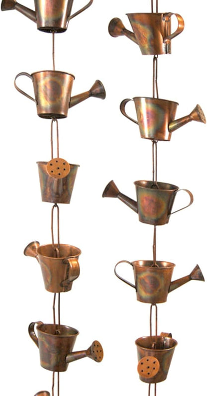 Ancient Graffiti Watering Can Rain Chains, Copper-Colored Steel Decorative Downspout Alternative, Pack of 2, 91-Inch Long Whimsical Gutter Chains with Easy-Install Gutter Clips