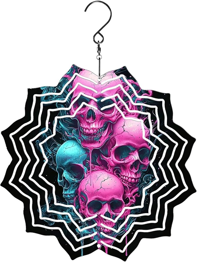 8 Inch Sublimation Wind Spinner, 3D Aluminum Metal Wind Spinner with Hook, Indoor Yard Garden Hanging Decoration, Weather Resistant Rotating Spiral Ornament, Neon Color Skulls