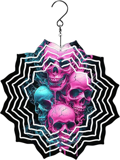 8 Inch Sublimation Wind Spinner, 3D Aluminum Metal Wind Spinner with Hook, Indoor Yard Garden Hanging Decoration, Weather Resistant Rotating Spiral Ornament, Neon Color Skulls